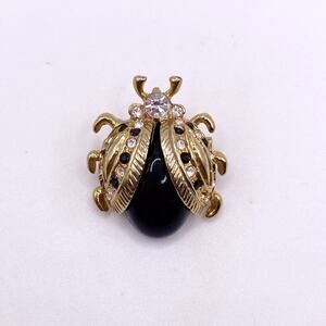 Vintage Lady Bug Brooch Pin Black and Gold Tone